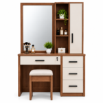 Modern walnut and white dressing table with mirror, cabinet, shelves and drawers