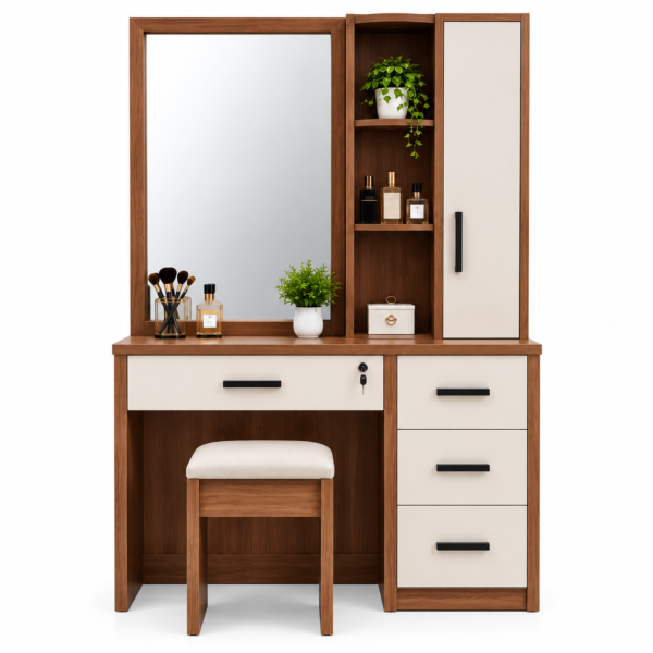 Modern walnut and white dressing table with mirror, cabinet, shelves and drawers
